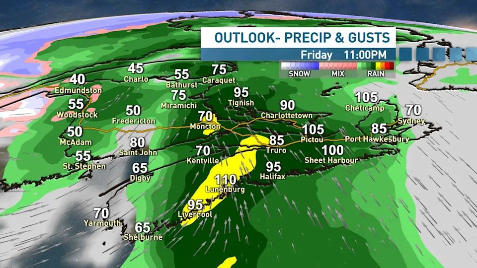 Peak wind gusts of 80 to 100 km/h are likely for most. Stronger gusts are possible along the coasts.