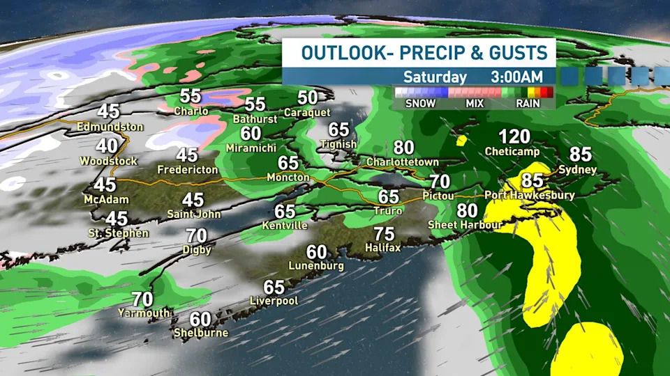 The heaviest rain and strongest winds will move into eastern areas of the Maritimes by early Saturday.