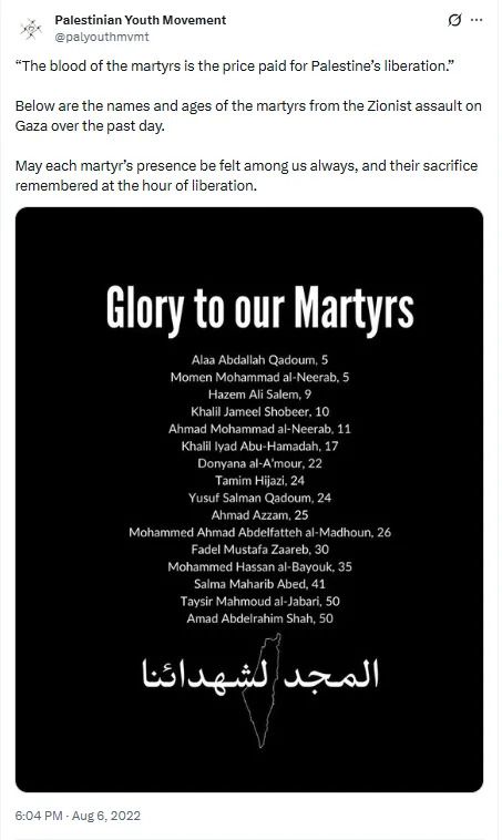 Screenshot of PYM X post glorifying martyrs, Aug. 6, 2022.