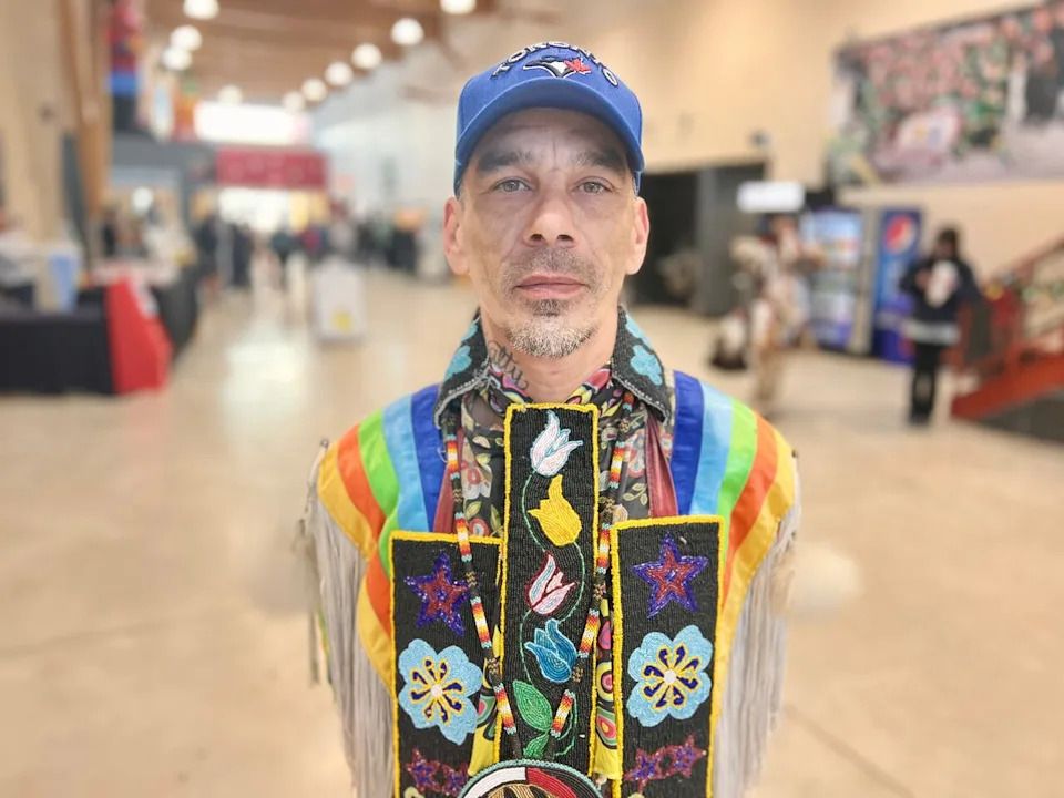 Sheldon Kakaygeesick, of Buffalo Point First Nation, travelled from Fort Frances, Ont., to take part in the Prairie Unity Competition Powwow in Portage la Prairie, Man., on Saturday, Dec. 20, 2025.