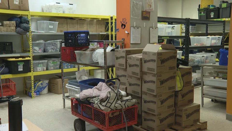 BeTheChangeYYC's headquarters contain the items it distributes to Calgary's homeless community, including food, clothing and hygiene products. The organization's latest report says it distributed $150,000 worth of food items last year.