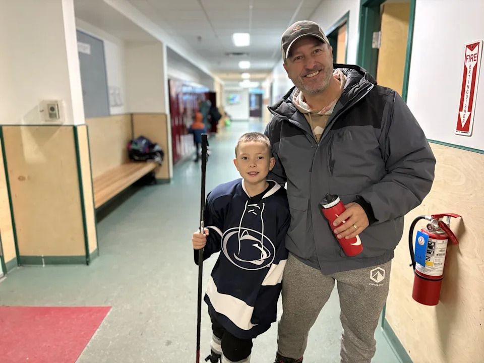 Matthew Caley was given a Gavin McKenna Penn State jersey for his birthday. He's one of the many players lacing up the skates this season in Dawson City.