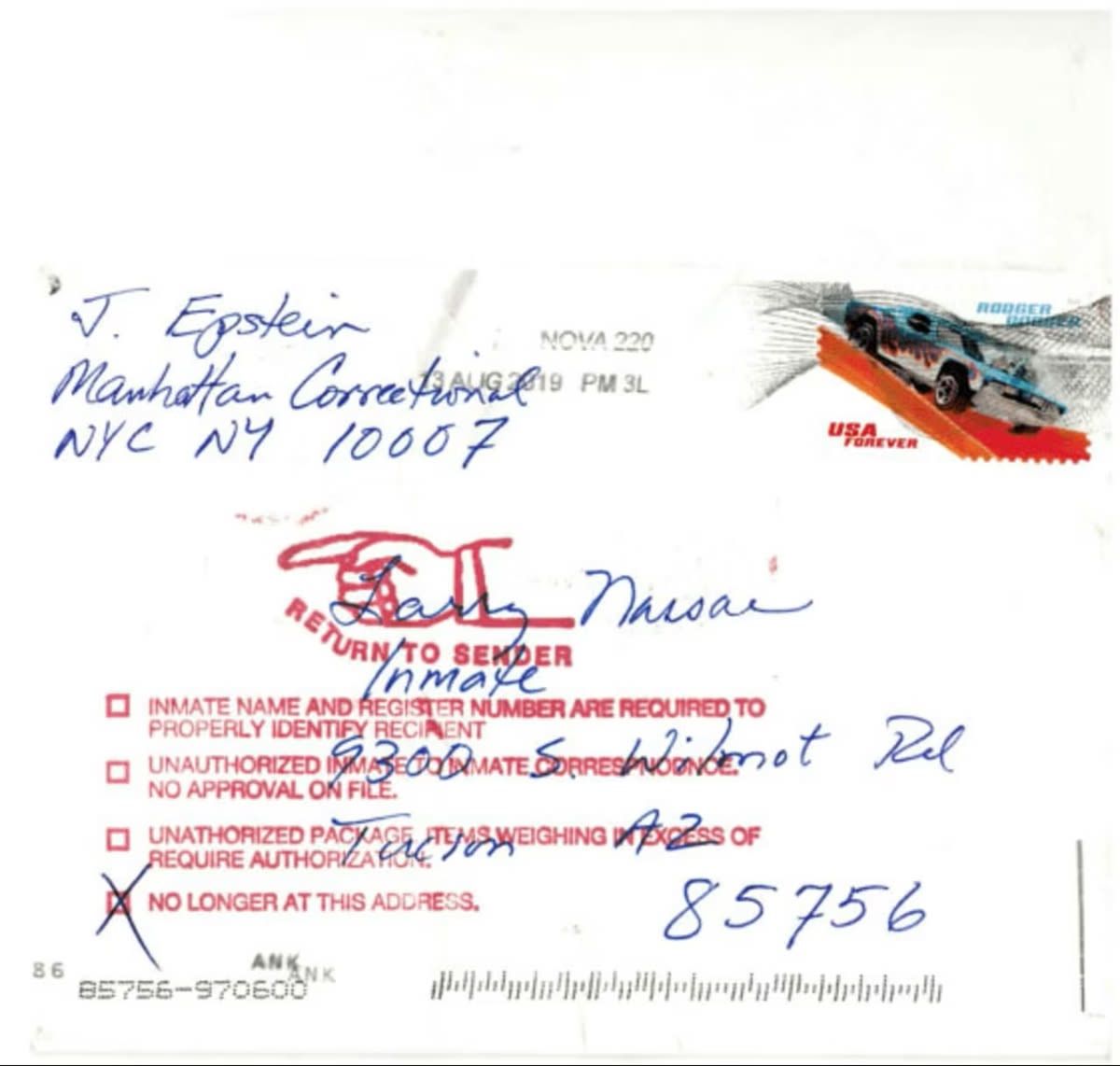 ظرفٌ خطاب مُوجَّهٌ إلى لاري نصار من جيفري إبستين، نشرته وزارة العدل الأمريكية.