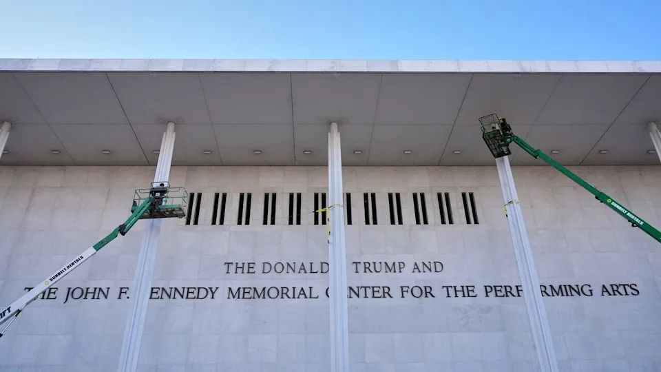 New signage, The Donald J. Trump and The John F. Kennedy Memorial Center For The Performing Arts, is unveiled on the Kennedy Center, Friday, Dec. 19, 2025, in Washington.
