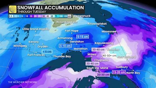 Northern Ontario forecast snowfall accumulation through Tuesday - Dec. 28, 2025