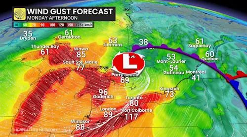 Ontario Monday afternoon forecast wind gusts - Dec. 29, 2025