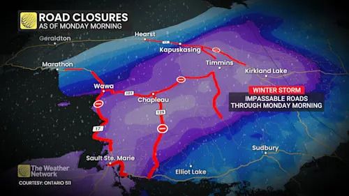 Northeastern Ontario Monday morning winter storm highway closures - Dec 29 2025 V2