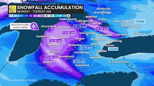Southern Ontario forecast lake effect snow squall totals - Dec 29 2025