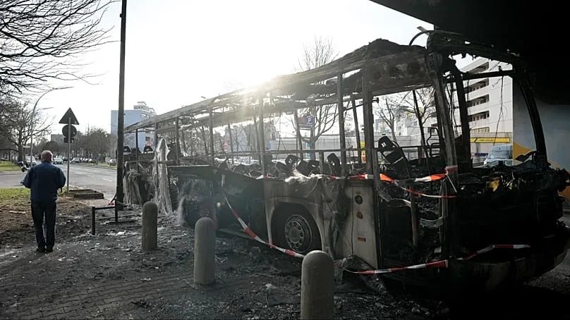 A burnt-out bus in Neukölln in Berlin, 3 January 2023