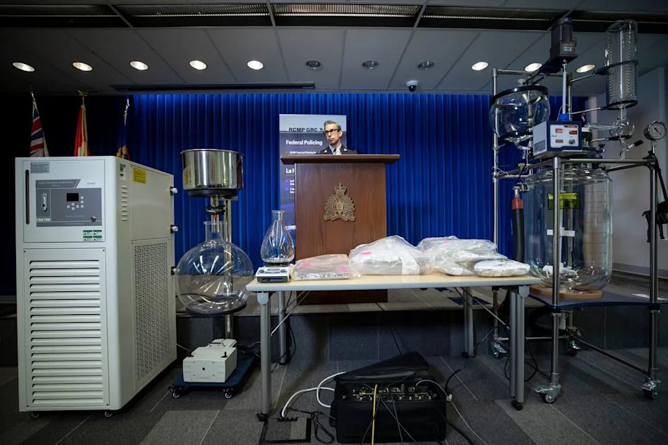 Processing equipment for making fentanyl are pictured at an RCMP announcement of the dismantling of multiple illicit fentanyl labs across the province in Surrey, B.C., on Thursday, April 10, 2025.