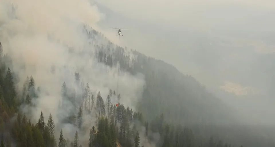 The Slocan Lake Wildfire burned north of Nelson in the summer of 2024. Image of a helicopter dumping water on a slope in the region.