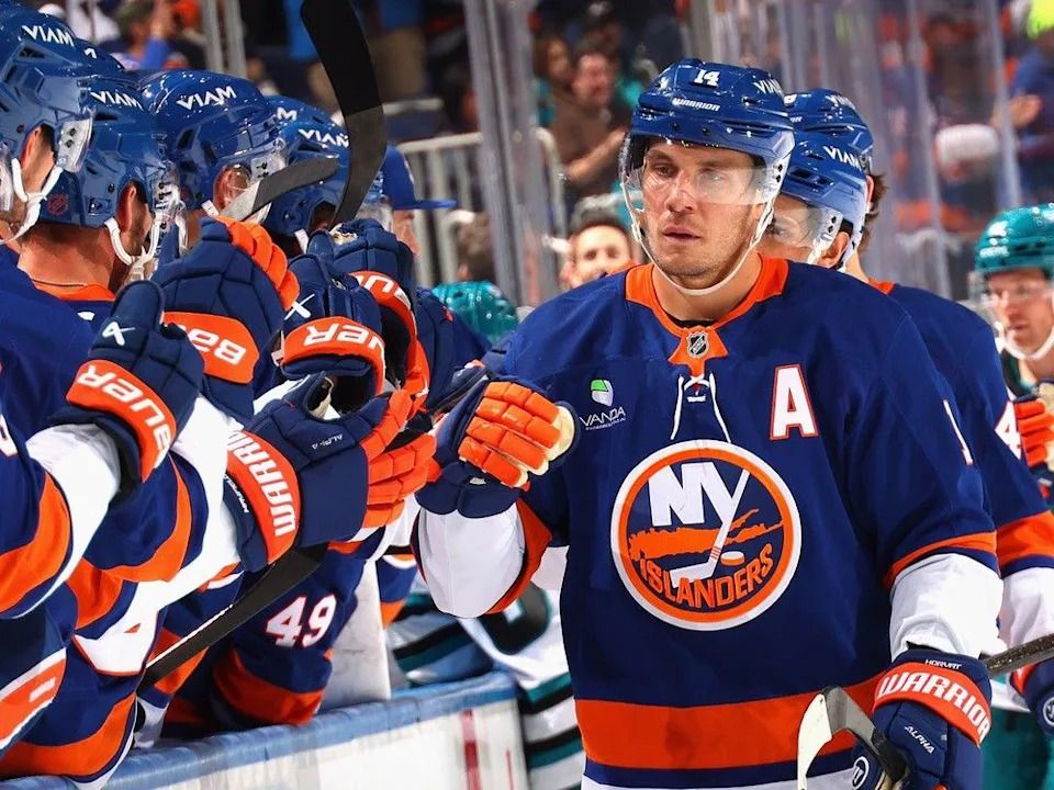 Bo Horvat of the New York Islanders celebrates a goal against the New York Islanders at UBS Arena on Oct. 21, 2025 in Elmont, New York.