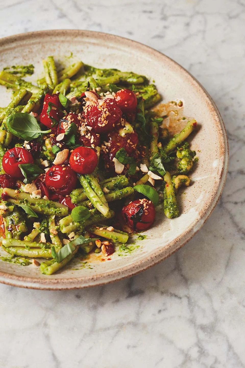 Pesto is a comfort food for Kenji Morimoto, and he hopes readers will adapt the recipe as they like. All the elements can be made separately or together — or throw in sauerkraut. “Make it more of a pasta salad,” he says.