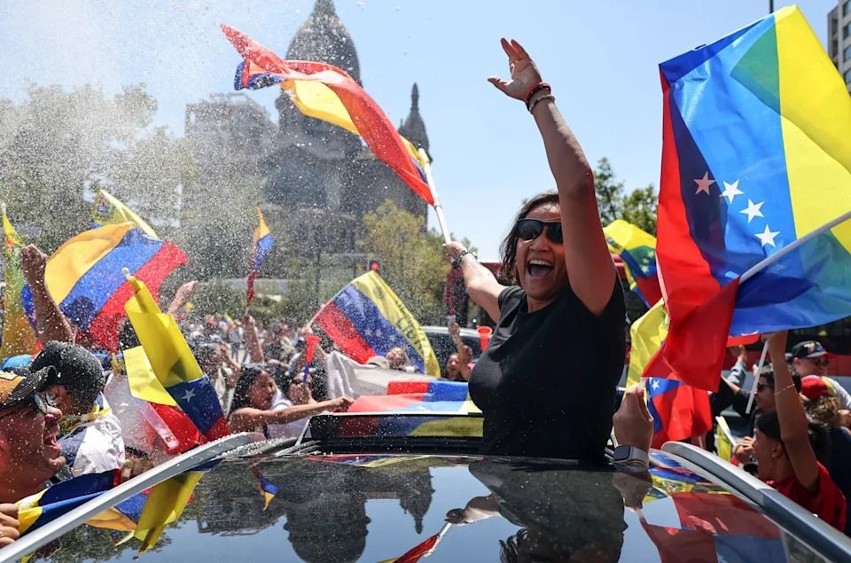 Venezuelans living in Chile celebrate in Santiago after U.S. forces captured Venezuelan leader Nicolas Maduro on Jan. 3, 2026.