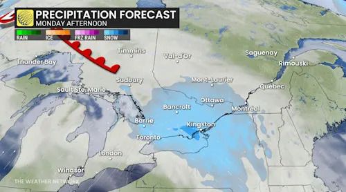Ontario precipitation timing Monday afternoon