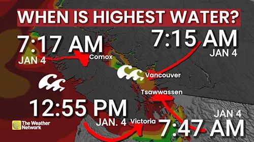 B.C., Flooding, Coastal, Water, Rising, Flood, Storm, Jan. 03, 2026. (The Weather Network/Tyler Hamilton)