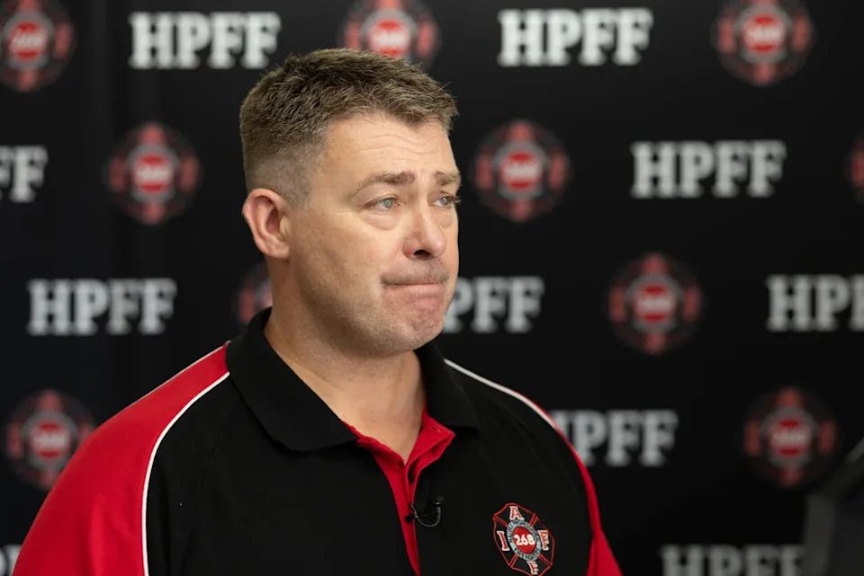 Brendan Meagher, president of the Halifax Professional Fire Fighters association, speaks at the union office on Sept.17, 2025.