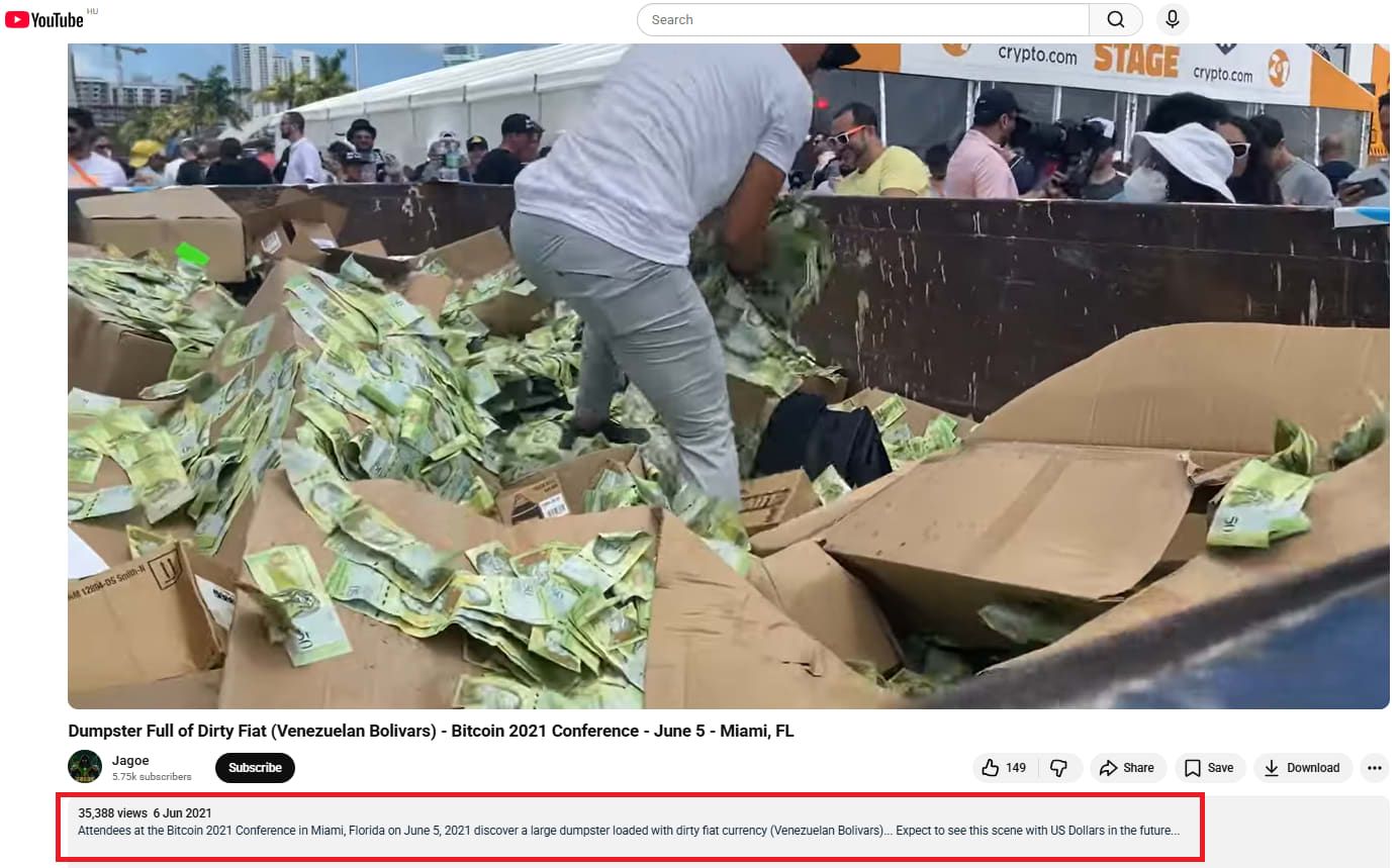 الفيديو وقت نشره في موقع يوتيوب بتاريخ 6 يونيو/حزيران 2021، على هامش مهرجان مخصص لعملة البيتكوين في ميامي بولاية فلوريدا الأمريكية.