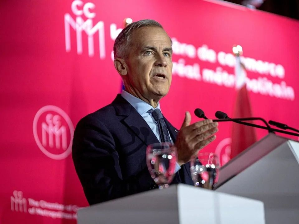 Prime Minister Mark Carney speaks at a conference organised, er, organized by the Chamber of Commerce of Metropolitan Montreal in November 2025. He has been criticised, er, criticized by linguists for using British spellings