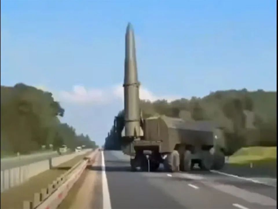 Photo taken by bystanders of Iskander intermediate-range ballistic missiles on a highway 19 kilometres from the Polish border during a Russian military exercise in Kaliningrad last year. The Iskander is capable of carrying conventional or nuclear warheads. The photo was obtained by a group of private analysts documenting Russian military buildup in Eastern Europe.