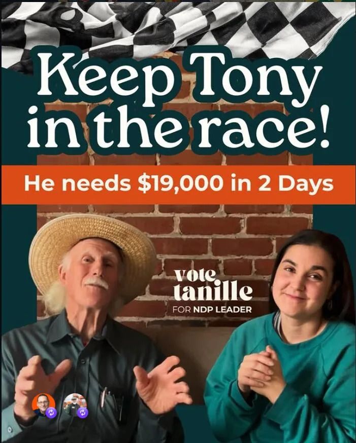 A instagram post from NDP candidate Tanille Johnston urging people to donate to Tony McQuail's campaign.