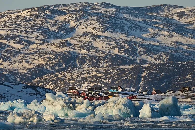 Pieces of ice move through the sea in Qoornoq Island near Nuuk, 17 February, 2025