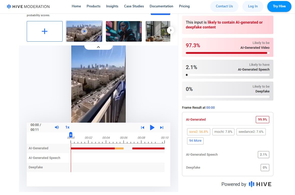 نتائج فحص الفيديو عن طريق أداة Hive Moderation توضح أنه مُنشأ عن طريق الذكاء الاصطناعي.
