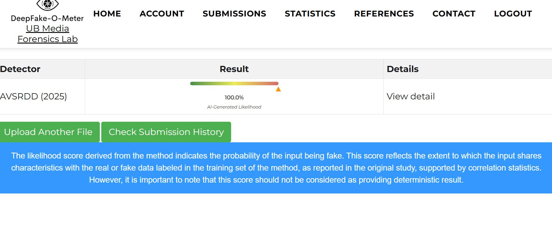 نتائج فحص الفيديو عن طريق أداة Deep Fake O Meter توضح أنه مُنشأ عن طريق الذكاء الاصطناعي.