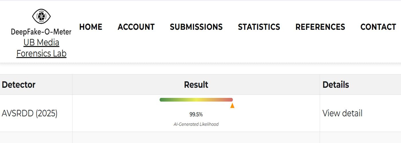 نتائج فحص الفيديو بواسطة أداة Deep-fake-o-meter