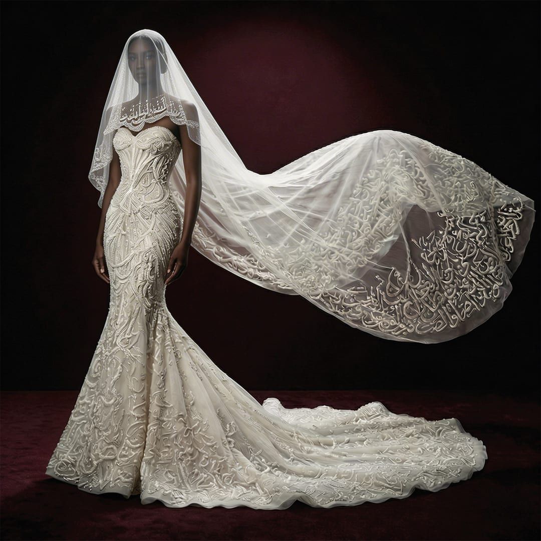 .تزيّنت مجموعة فساتين زفاف المصمم التونسي عزيز صبري بالحروف العربية وعبارات الشعر العربي التي ترمز إلى الجمال والحب الأبدي