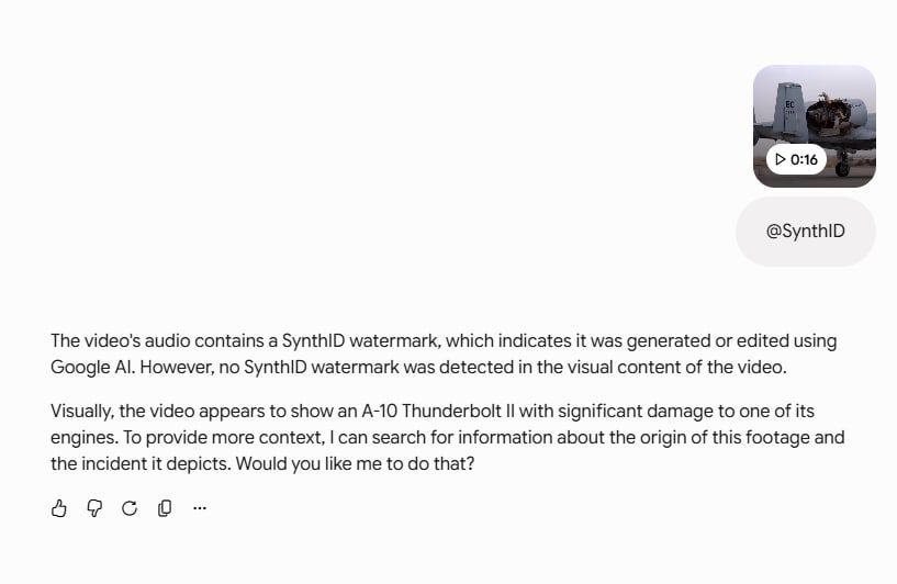 نتائج فحص الفيديو عن طريق خدمة SynthID المُدمجة في نموذج شركة غوغل للذكاء الاصطناعي (Gemini)