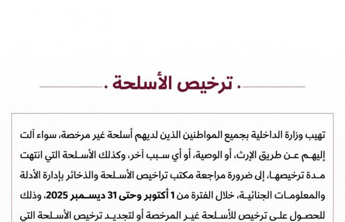 بدء العد التنازلي لنهاية مهلة وزارة الداخلية بشأن الأسلحة غير المرخصة وتجديد الترخيص