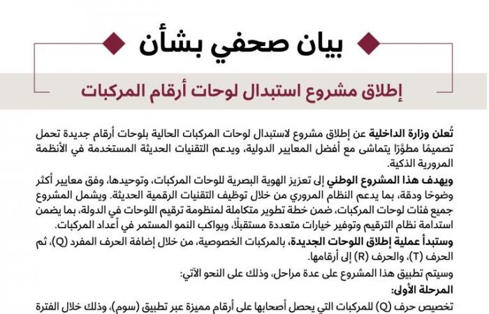 التطبيق على 3 مراحل.. وزارة الداخلية تطلق مشروع استبدال لوحات أرقام المركبات