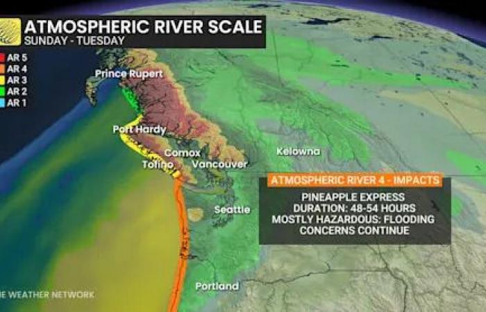 Flood
      and
      wind
      threat
      in
      B.C.
      with
      incoming
      pineapple
      express