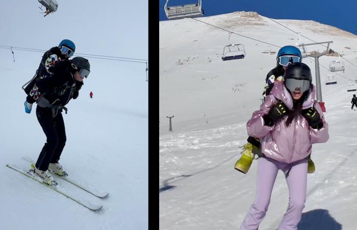 امرأة تتزلج وطفلها على ظهرها بمنطقة الأرز في لبنان..لماذا أثارت ضجة على الإنترنت؟